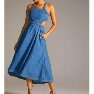 Pilcro Anthropologie Square-Neck Braided Lace-up Sexy Midi Denim Jean Dress 16W